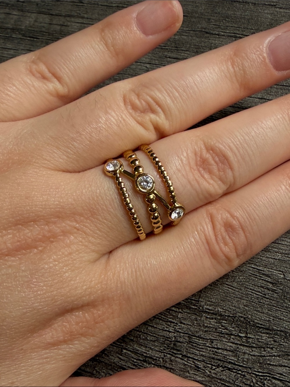 Gold Plated Stainless Steel 3 Stone Adjustable Ring